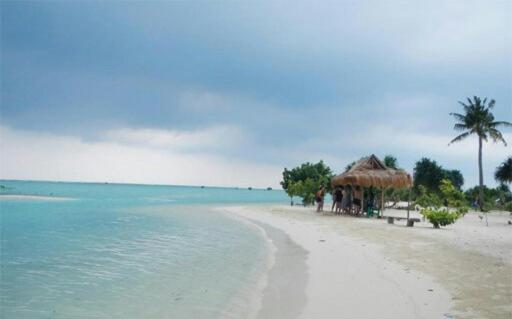 塞里布群岛Pari Solata Seaview Homestay Syariah的白色的海滩,有小屋和海洋