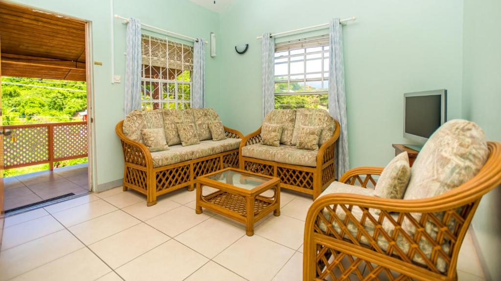 圣乔治Bougainvillea Apartments的客厅配有藤椅和电视