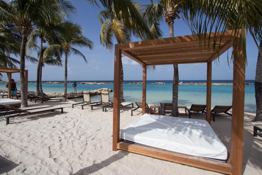 威廉斯塔德库拉索比尼盂兰盆海滨度假胜地的棕榈树和海洋海滩上的一张床位