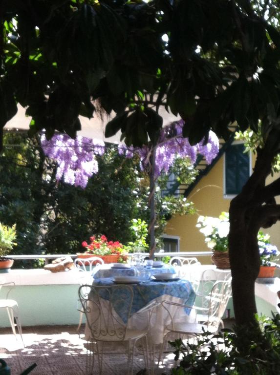 博纳索拉佩西恩摩德纳酒店的紫色花树下的桌椅