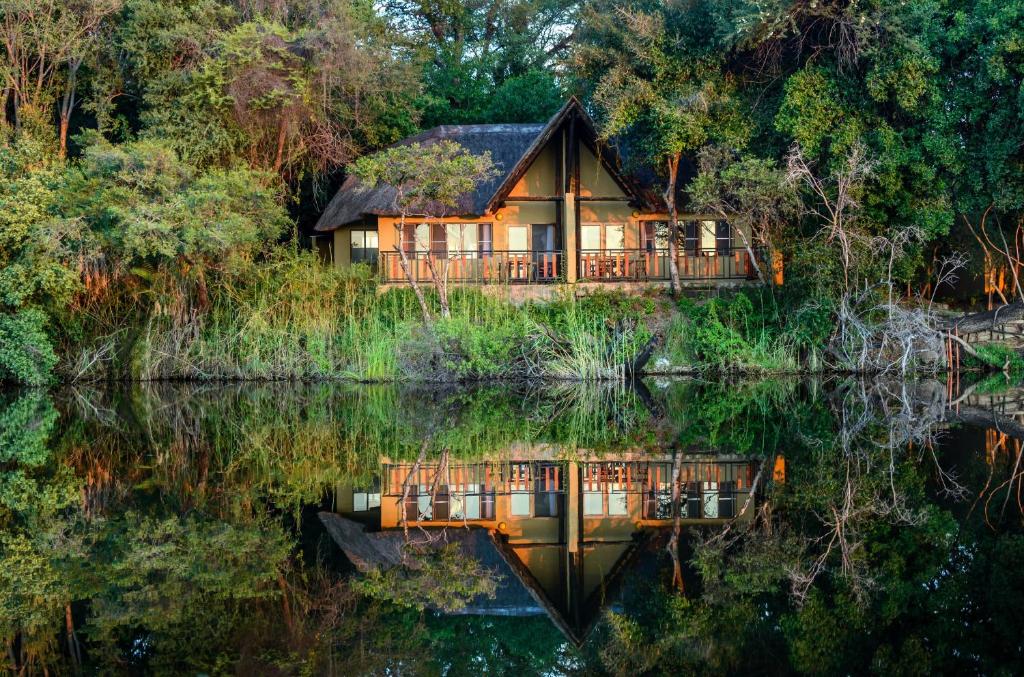 KongolaGondwana Namushasha River Lodge的水体旁树林中的小屋