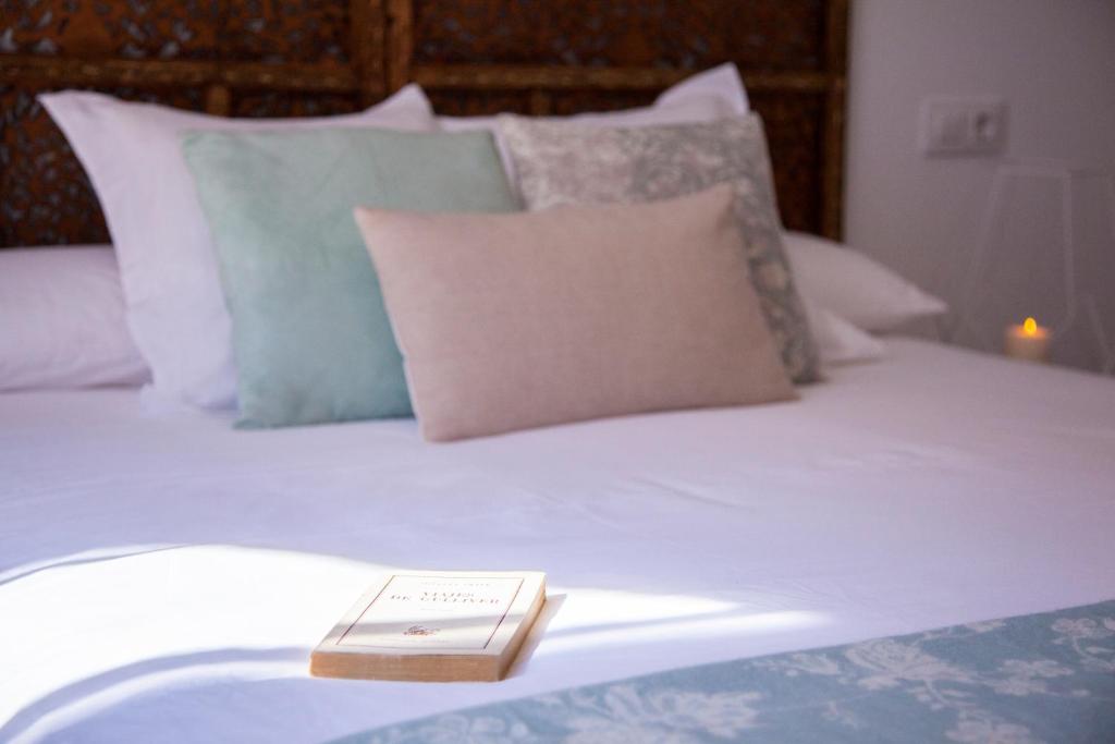 塞维利亚Lukanda Arenal的一本书坐在床上,上面有枕头
