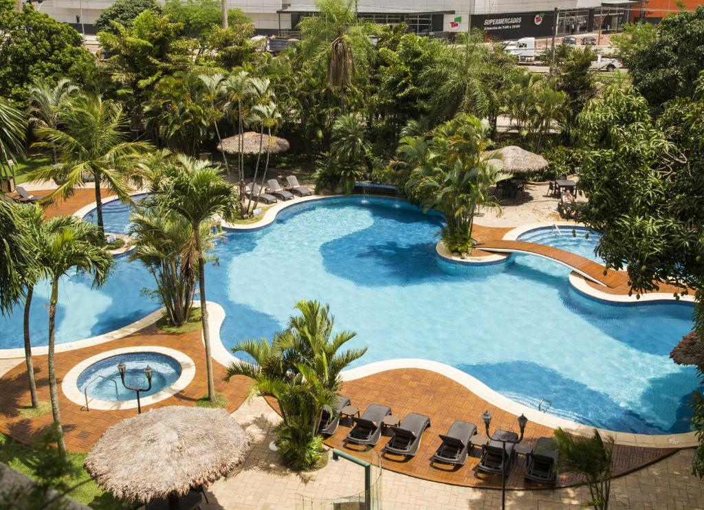 圣克鲁斯卡米诺里尔酒店的享有棕榈树大型游泳池的顶部景致
