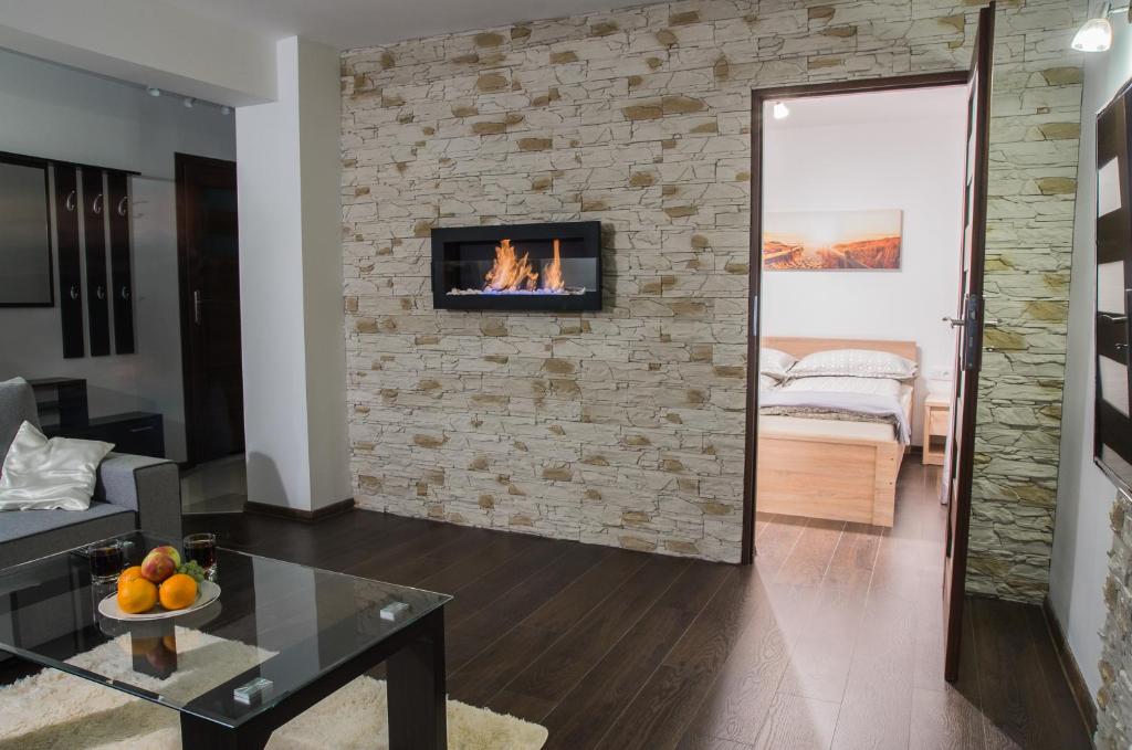 切霍齐内克Apartamenty Maria的客厅设有带壁炉的石墙