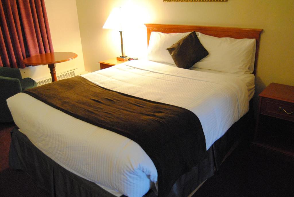 埃德蒙顿伊科诺米酒店的酒店客房带一张大床,带白色床单
