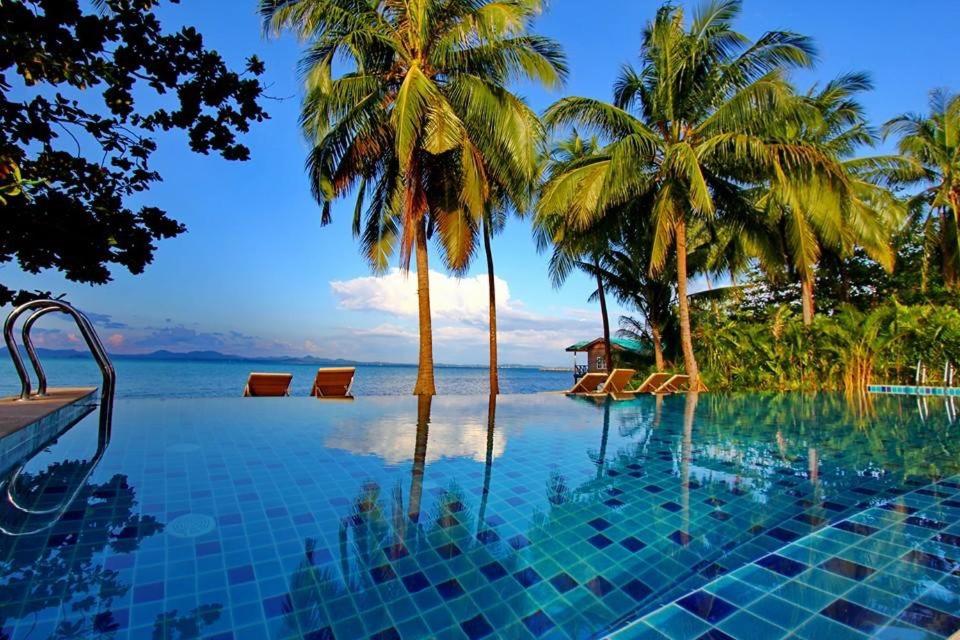 象岛象岛宁静度假村的棕榈树泳池和海景