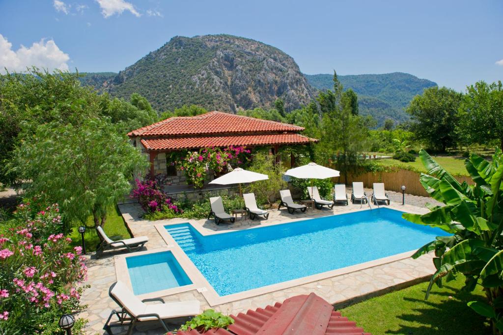 达利安Villa D'Louca的庭院内一个带椅子和遮阳伞的游泳池
