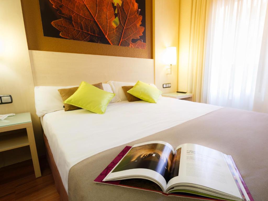 洛格罗尼奥孔德斯哈罗酒店的坐在床上的书