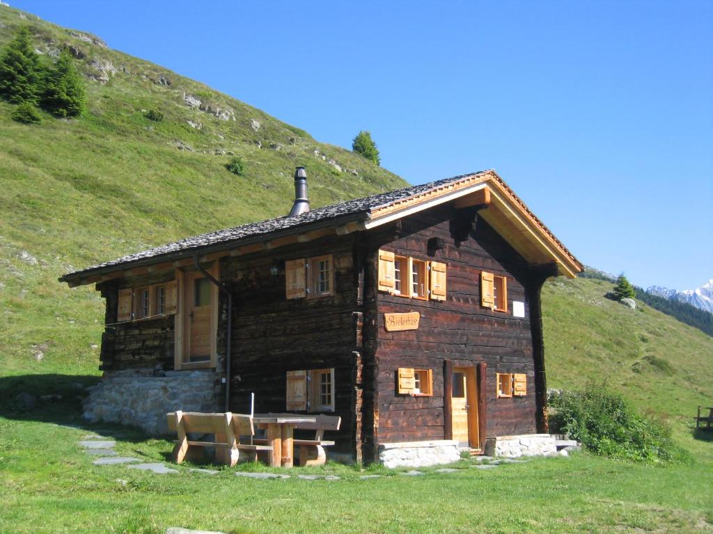 菲施Alphütte Bielerhüs的一座小木房子,有草地山