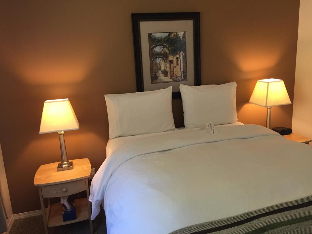 坎贝尔河海滨漂流木旅馆的一间卧室配有一张带两盏灯的大型白色床。