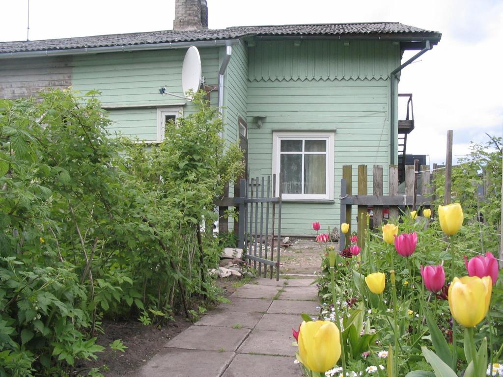 派尔努福兰德林森林公寓的前面有鲜花的绿色房子