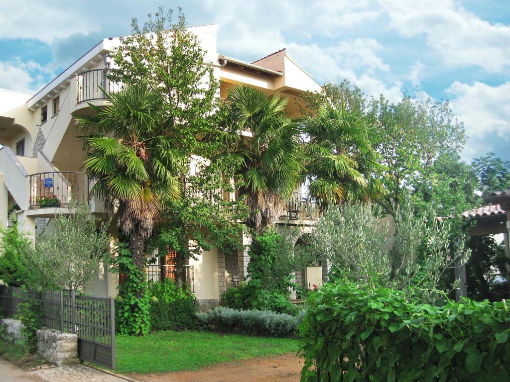 苏科尚Apartments Marija的前面有棕榈树的建筑