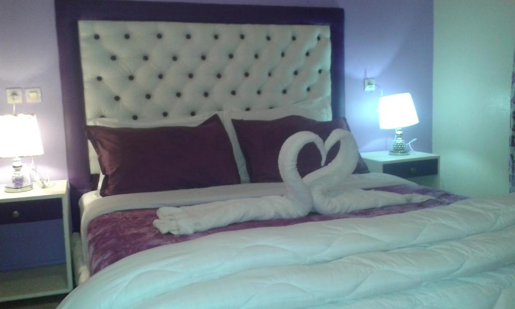 艾兹鲁Hotel School Ersat Azrou的一张床上躺着两只白天鹅