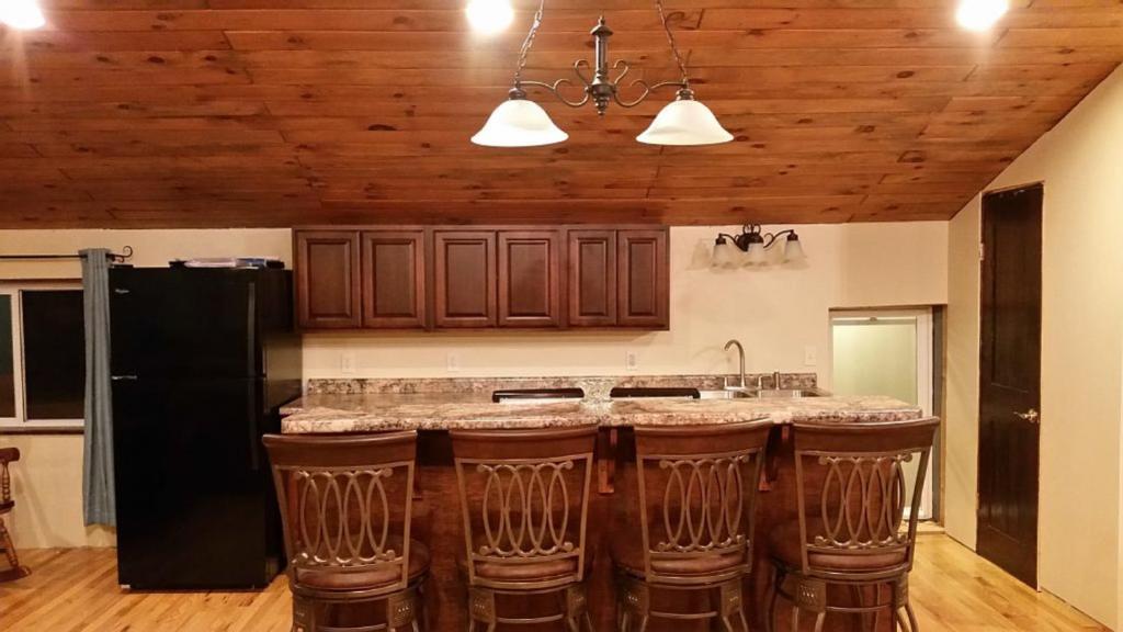 OntarioHansen House的厨房配有黑色冰箱和带吧台凳的台面。