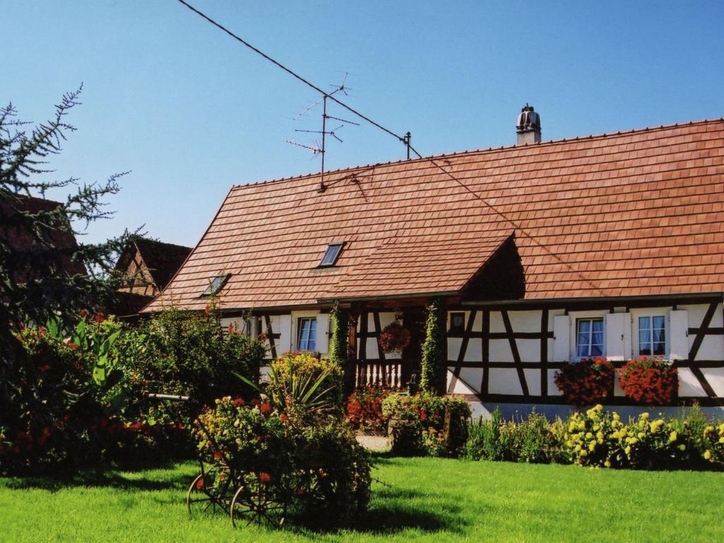 SchleithalCosy holiday home in Schleithal with garden的白色和黑色的房屋,有红色屋顶