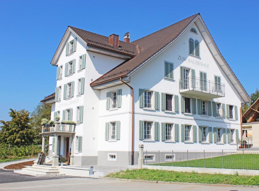 Oberlunkhofen农场酒店的白色的建筑,带有棕色的屋顶