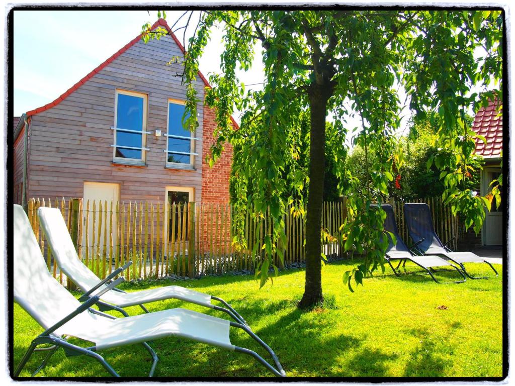 EllezellesComfy holiday home with terrace in Ellezelles的两把椅子坐在房子前面的草上