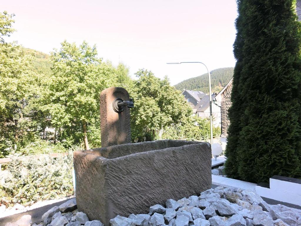 施马伦贝格Stylish holiday home near a ski resort的一座院子中喷泉的雕像