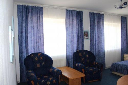 文尼察Zhovtnevyi的一间卧室配有两把椅子、一张床和窗户