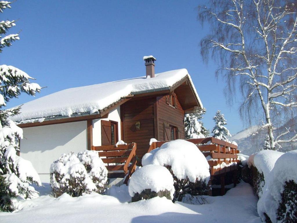 勒梅尼勒Comfy chalet with dishwasher, in the High Vosges的小木屋,屋顶上积雪