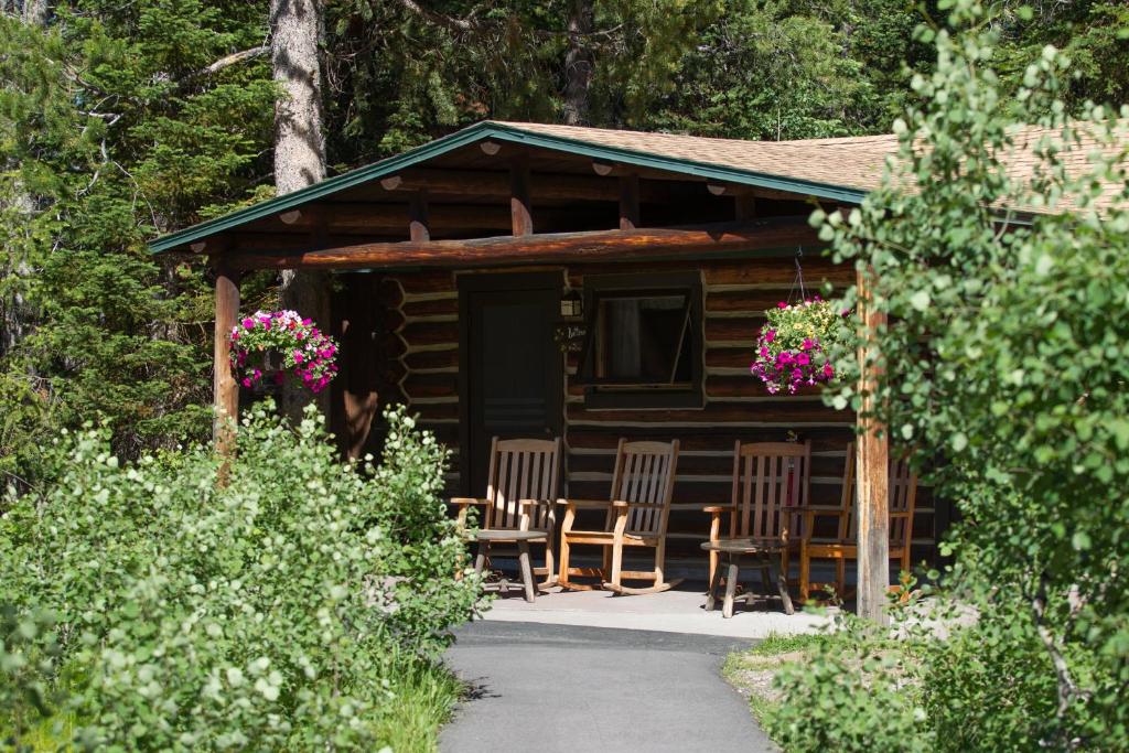 河狸溪珍妮湖小屋酒店的小屋设有椅子和鲜花门廊