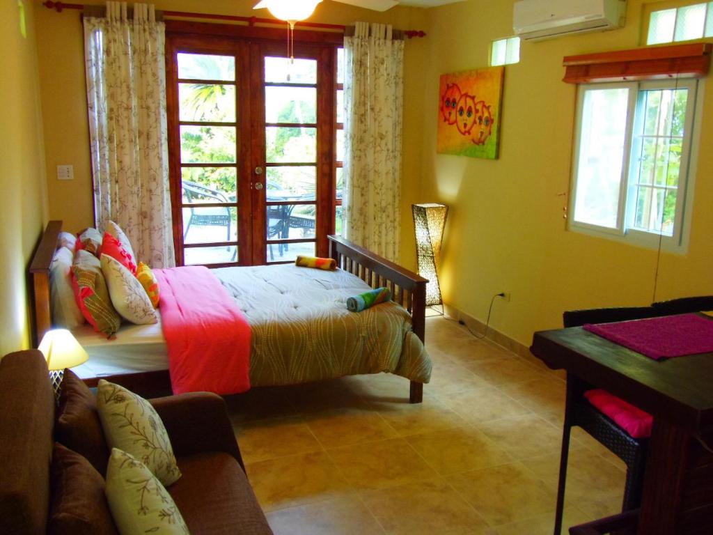 孔塔多拉Casa del Sol Bed and Breakfast的一间卧室配有一张床、一张沙发和窗户。