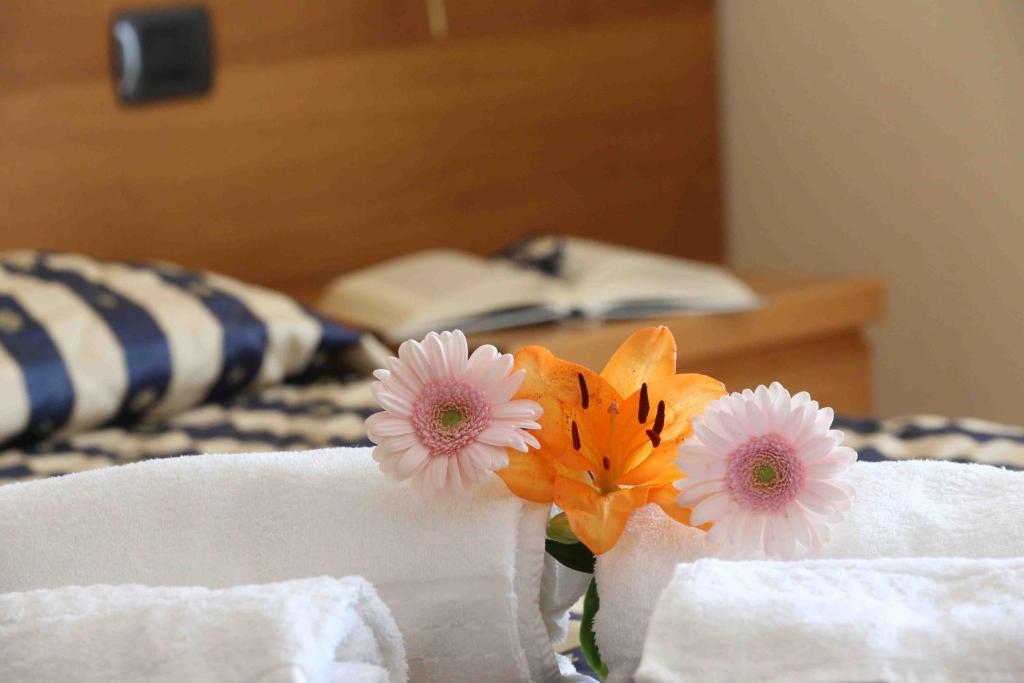 圣奇诺·迪·蒙塔尼亚科斯塔贝拉酒店的花瓶,花朵盛在床上