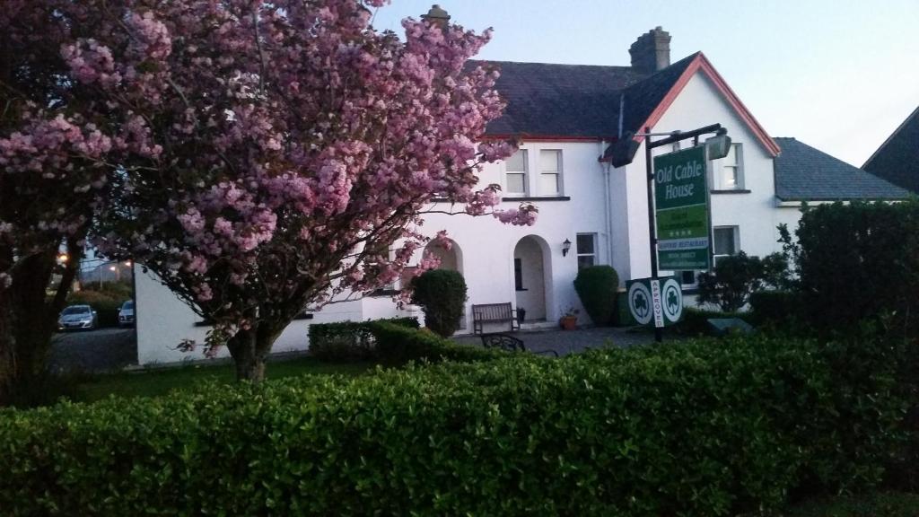 瓦特维尔电缆区旧址别墅&海鲜酒家的白色房子前有粉红色花的树