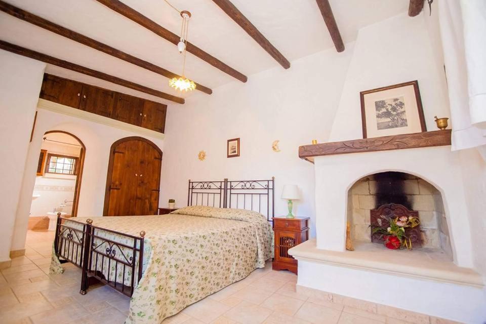 特里卡塞Masseria Borgo del Gallo的一间卧室配有一张床和一个壁炉