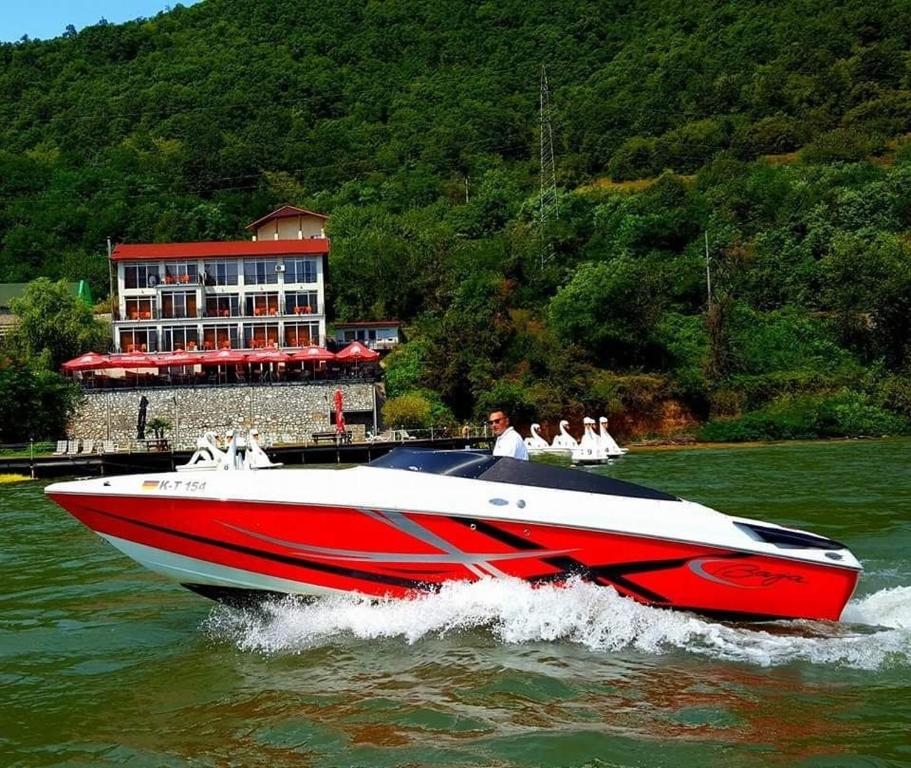 杜博瓦乡Pensiunea Decebal Resort - Cazanele Dunarii的水中一艘红白的船