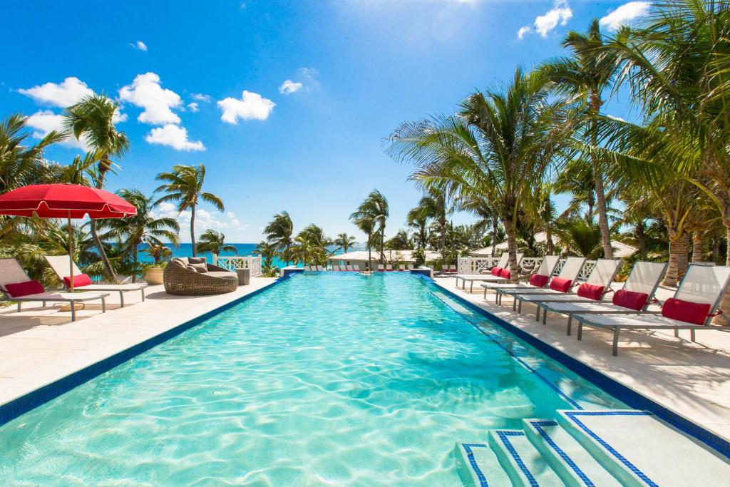 哈勃岛金沙珊瑚酒店的度假村的游泳池,配有椅子和棕榈树