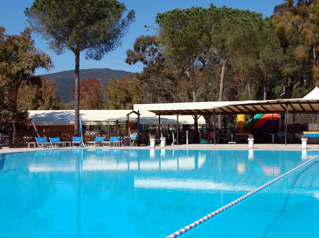 卡波利韦里拉克纳露营地的一个带椅子和树木的大型蓝色游泳池
