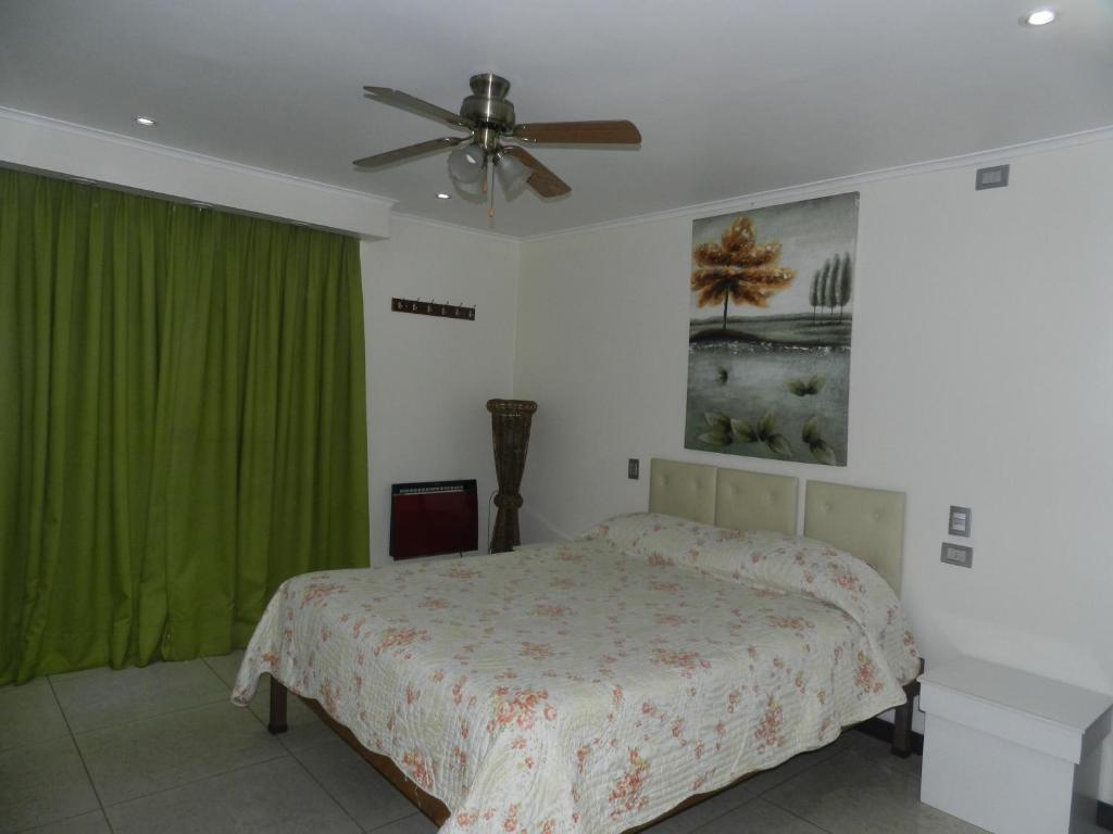 圣地亚哥瓜亚基尔酒店的一间卧室配有一张床和吊扇