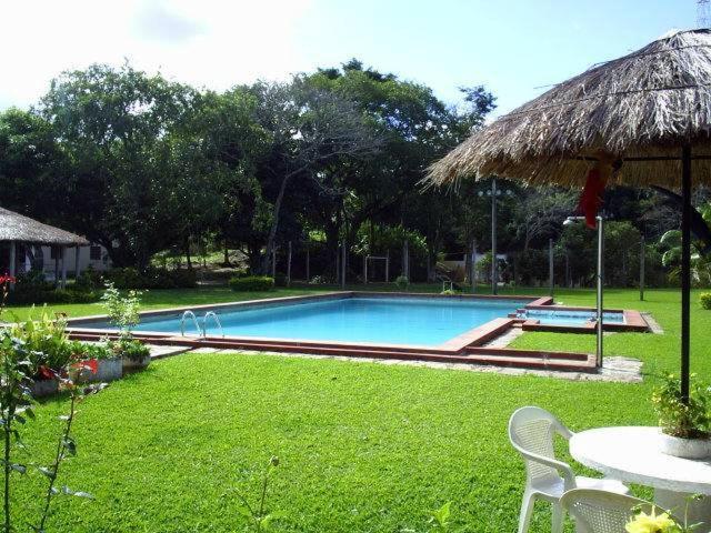 Morro AzulParque Hotel Morro Azul - a 12 km do Parque dos Dinossauros的一个带遮阳伞和桌子的游泳池