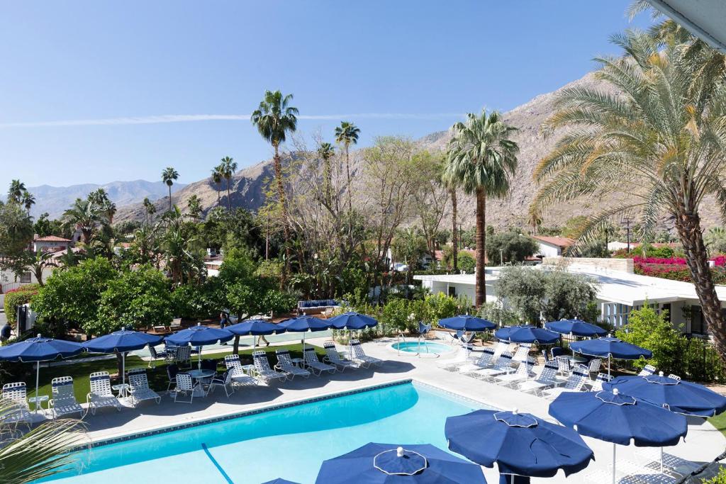 棕榈泉棕榈泉假日之家酒店的享有游泳池的景色,配有椅子和遮阳伞