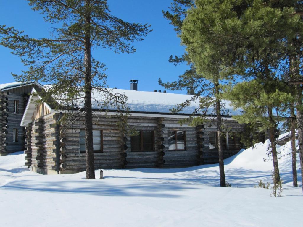 萨利色尔卡Lapin Kutsu Log Cabins的雪中树下的小木屋