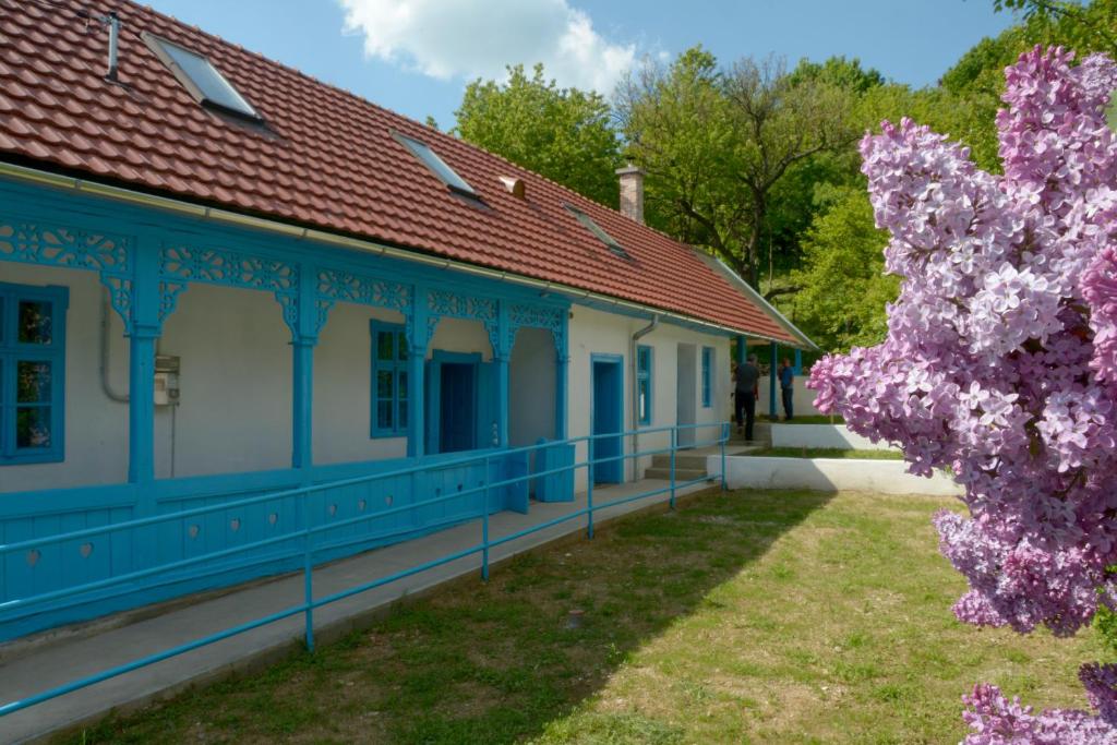 比克克森特凯赖斯特Kékfestő Vendégház的一座建筑物前有紫色花的树