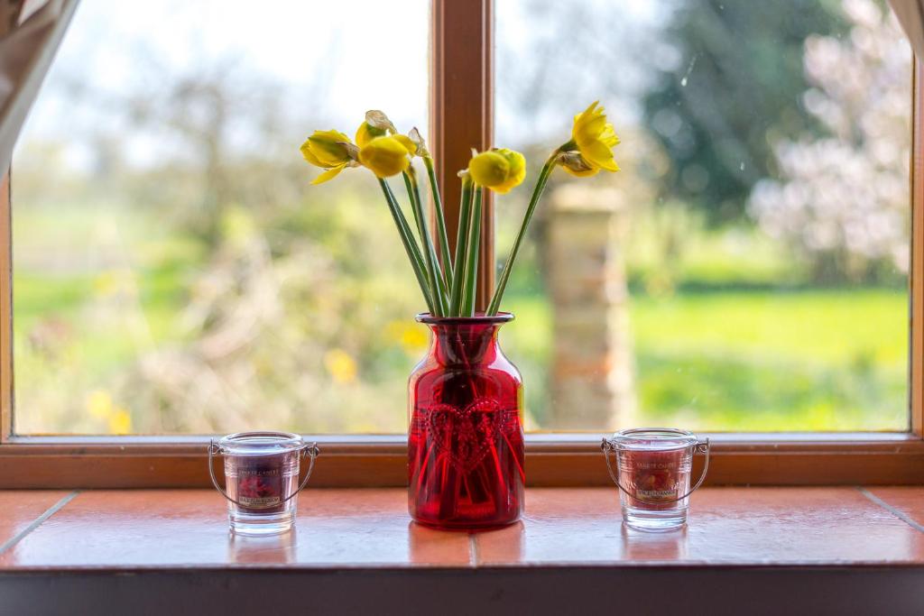 盖顿小修道院农场住宿加早餐旅馆的红色花瓶,窗户上放着黄色花