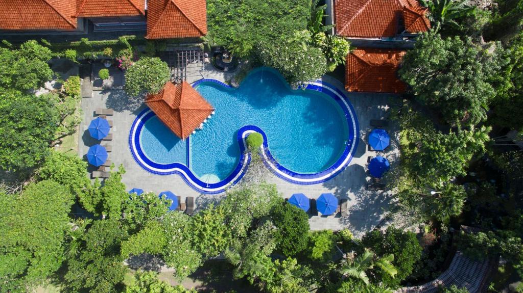 勒吉安玛塔哈利小屋酒店的享有度假村游泳池的顶部景致