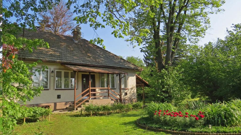 RecskTarjányi Vendégház的花园中一座小房子,种着红色的花