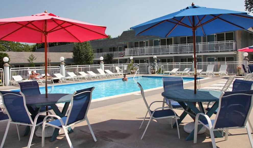 五月岬郡Cape Harbor Motor Inn的游泳池前的2张桌子和椅子及遮阳伞
