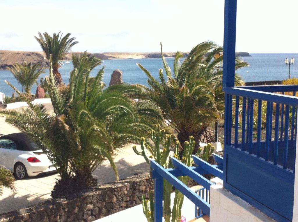 普拉亚布兰卡Las Moreras Apartment 135的拥有棕榈树和海洋的蓝色阳台