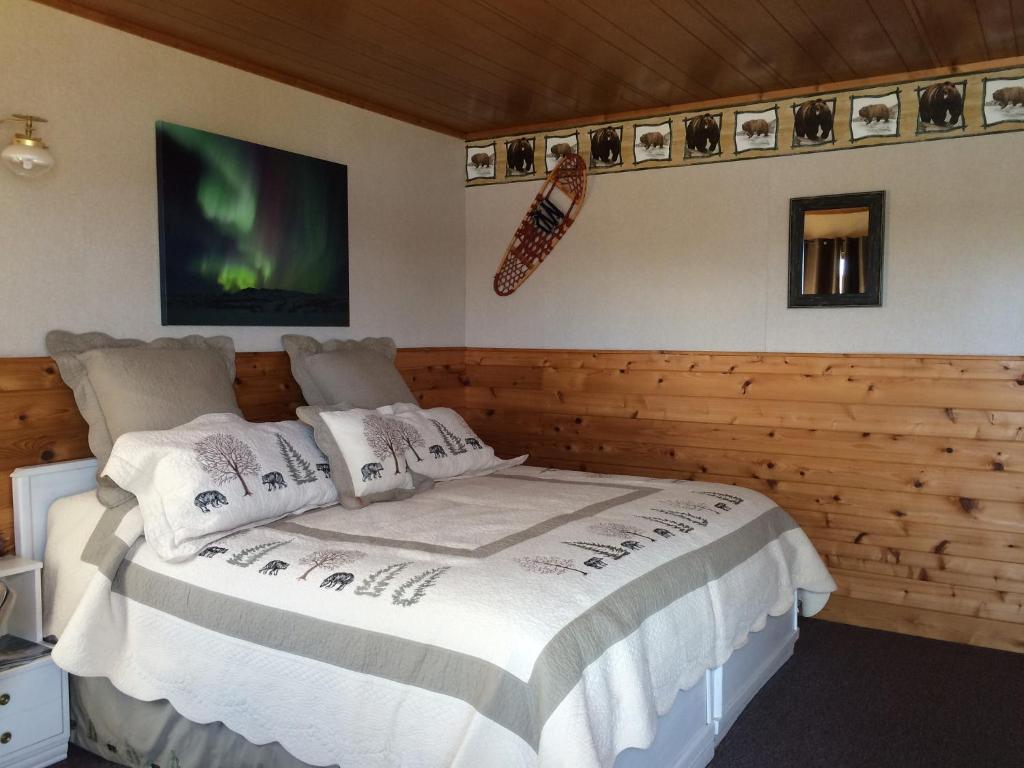 塔尔基特纳Caribou Lodge Alaska的一间卧室,卧室内配有一张大床