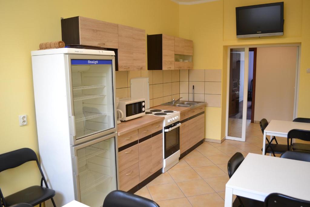 索斯诺维茨Hostel Mikołajczyka59的厨房配有冰箱和炉灶。 顶部烤箱