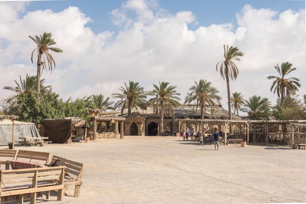 阿拉德Kfar Hanokdim - Glamping & Camping的一座棕榈树环绕的大建筑