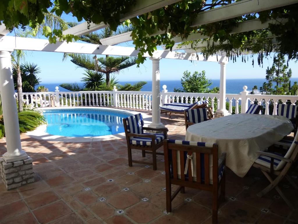 卡拉德米哈斯拉皮尔拉德托热努瓦酒店的一个带桌椅的庭院和一个游泳池