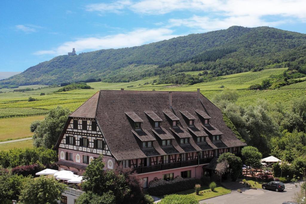 迪耶方塔勒Hôtel Restaurant Verger des Châteaux, The Originals Relais, proche Sélestat的一座大建筑,背景是一座山