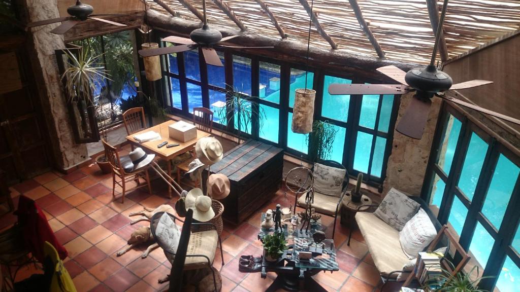 坎昆Jungle Lodge CANCUN AEROPUERTO的享有带游泳池的客厅的顶部景色