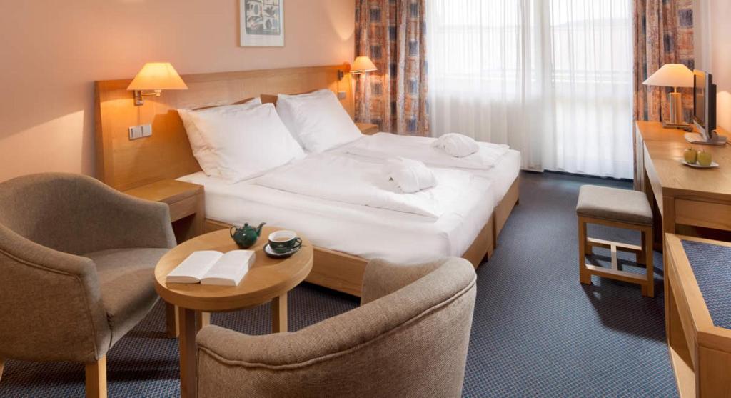 弗林布尔克Apartman Lipno的酒店客房带一张床、一张桌子和椅子