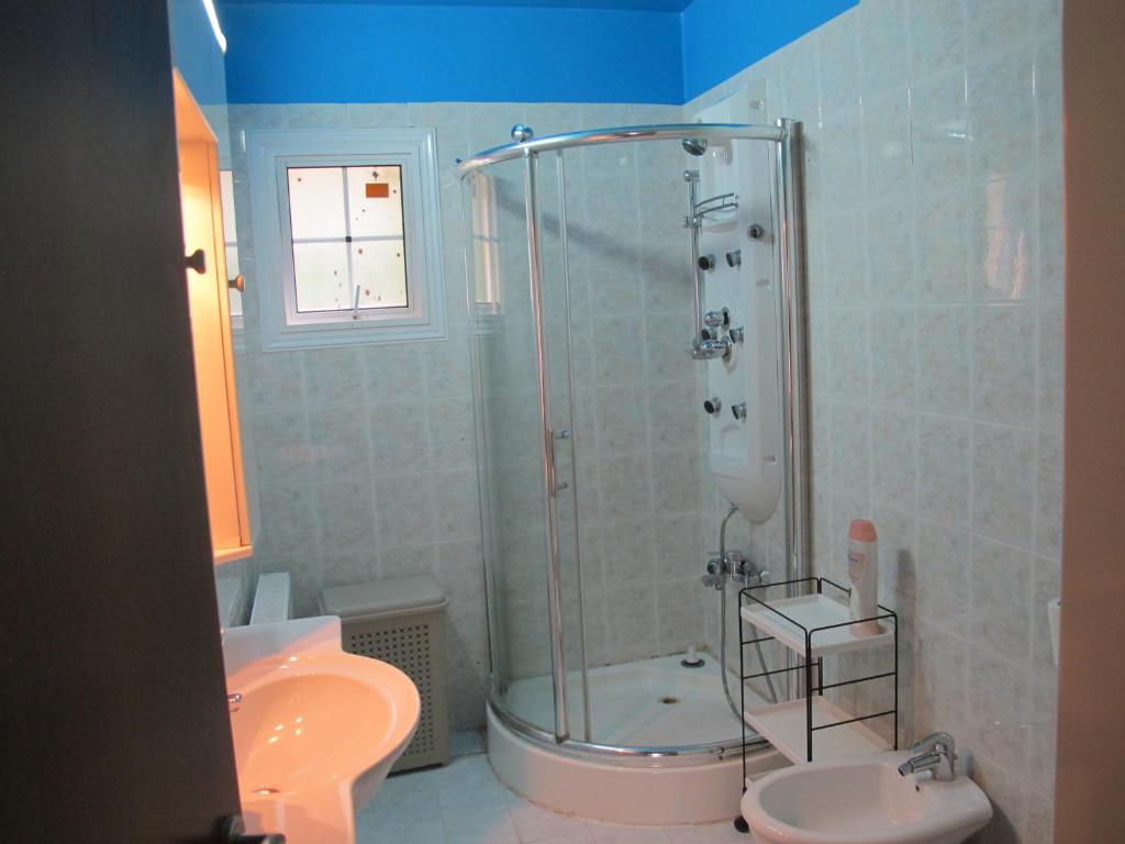 皮拉Vergi Apartments的带淋浴、卫生间和盥洗盆的浴室